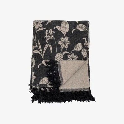 Barker and Stonehouse RECYCLED FLORAL FRINGED THROW, Black Cotton Blend | Barker & Stonehouse