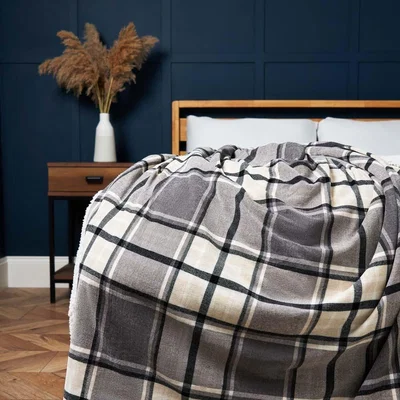 BHS.com Luxury Warm Check Throw with Sherpa, Grey
