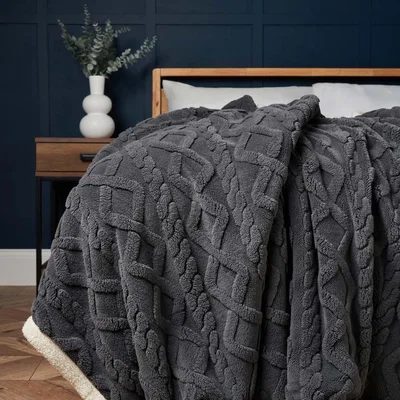 BHS.com Cable Knit Throw with Sherpa Backing, Charcoal
