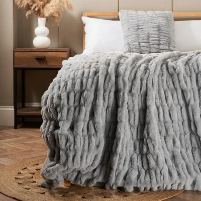 BHS.com Ruched Faux Fur Throw, Grey