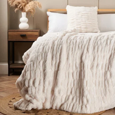 BHS.com Ruched Faux Fur Throw, Cream