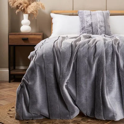 BHS.com Faux Fur Stripe Cut Throw, Grey