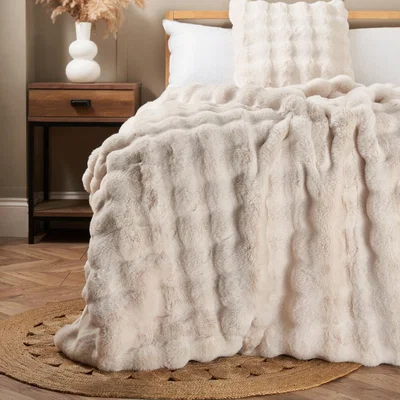 BHS.com Scalloped Faux Fur Throw, Cream
