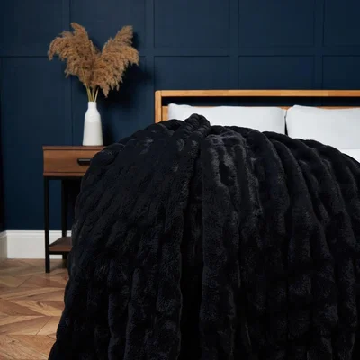 BHS.com Ruched Faux Fur Throw, Black