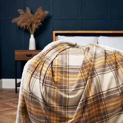 BHS.com Luxury Warm Check Throw with Sherpa, Ochre