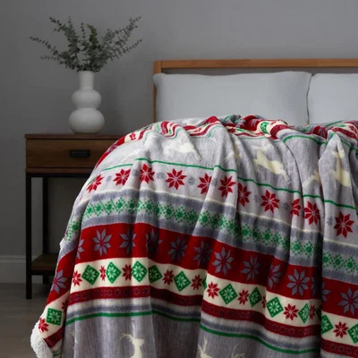 BHS.com Christmas Stag Stripe Throw With Sherpa Backing, Grey