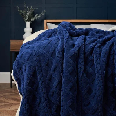 BHS.com Cable Knit Throw with Sherpa Backing, Navy