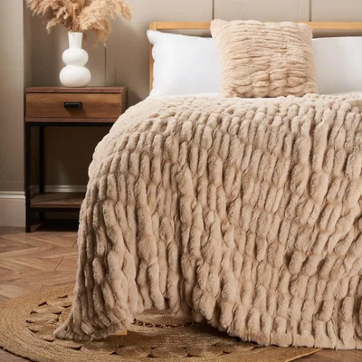 BHS.com Ruched Faux Fur Throw, Tan