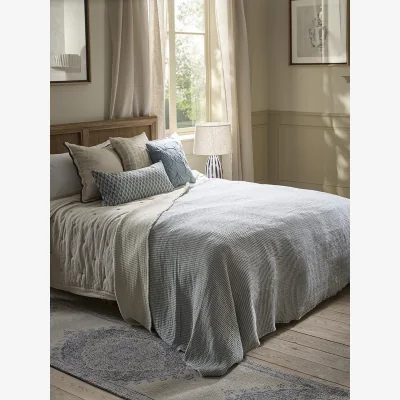 Cox and Cox Frayed Cotton Bedspread - Soft Blue Stripe