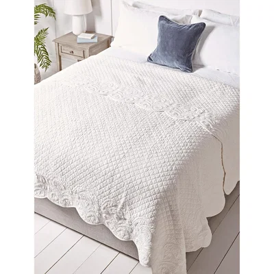 Cox and Cox NEW Embroidered Scalloped Bedspread
