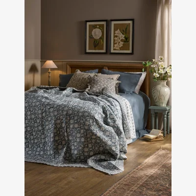 Cox and Cox Stone Blue Block Print Bedspread