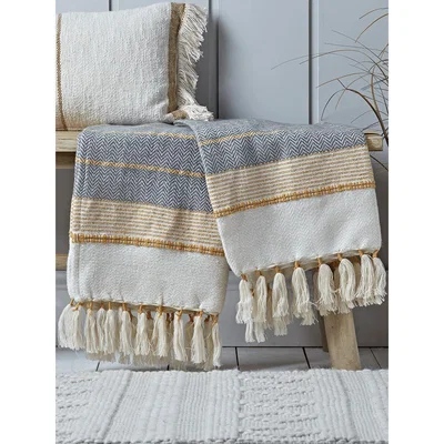 Cox and Cox Textured Tassel Throw - Grey & Mustard