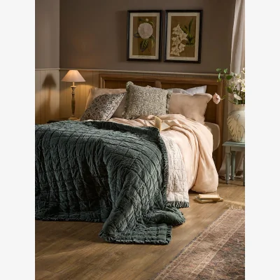 Cox and Cox Ruffle Quilted Velvet Bedspread - Nordic Blue