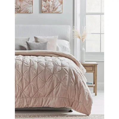 Cox and Cox Pin-Tucked Velvet & Linen Kingsize Quilt - Blush