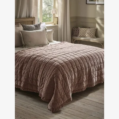 Cox and Cox Ruffle Quilted Velvet Bedspread - Vintage Rose
