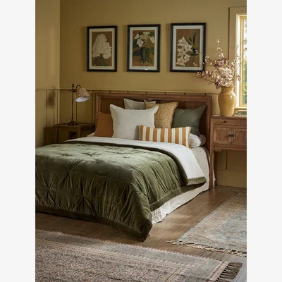 Cox and Cox Pintucked Velvet & Cotton Linen Kingsize Quilt - Moss Green