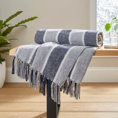Dunelm Herringbone Stripe Throw, 130x180cm Blue