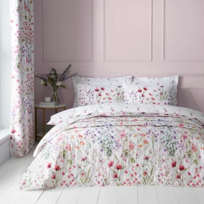 Dunelm Watercoloured Floral Bedspread Pink