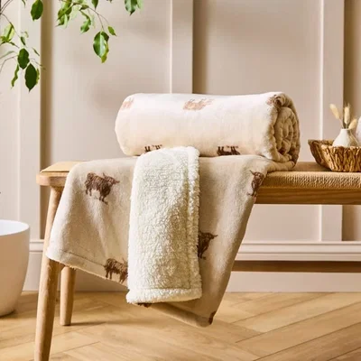 Dunelm Highland Cow Printed Sherpa Throw Blanket