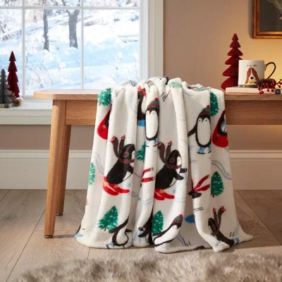 Dunelm Penguin Printed Fleece Throw Blanket