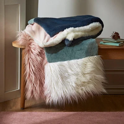 Dunelm Block Faux Fur Throw Blue/Pink/White