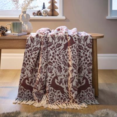 Dunelm Red Stag Reversible Cotton Jacquard Fringed Throw Blanket, 130cm x 170cm