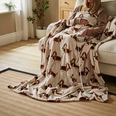 Dunelm Printed Humphrey the Basset Hound Fleece Electric Throw Blanket