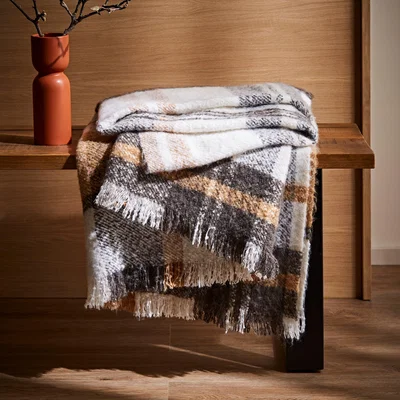 Dunelm Boucle Check Knit Taupe Throw Brown/White