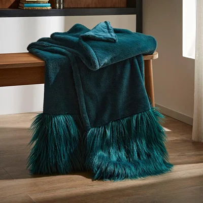 Dunelm Luxe Faux Fur Border Throw Green