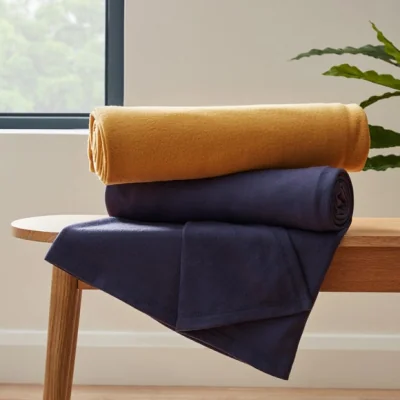 Dunelm Pack of 2 Fleece Navy & Old Gold Throw Navy Blue/Gold