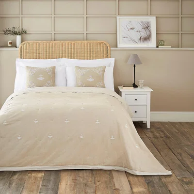Dunelm Dorma Embroidered Bee Bedspread Natural (Cream)