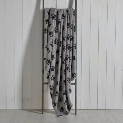 Dunelm Paw Printed Fleece 130cm x 170cm Throw Charcoal (Grey)