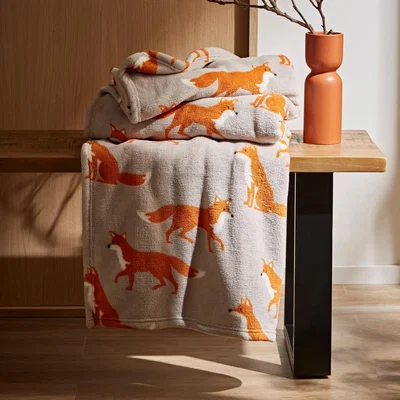 Dunelm Fergus the Fox Printed Fleece Throw Orange/Grey