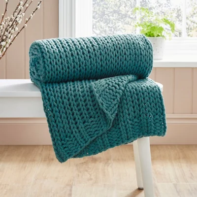 Dunelm Chunky Knit Recycled Throw 130cm x 170cm Teal (Blue)
