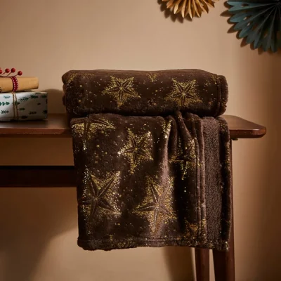 Dunelm Foil Star Printed Fleece Throw Brown