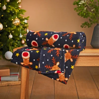 Dunelm Reindeer Fleece Throw 130cm x 170cm Navy