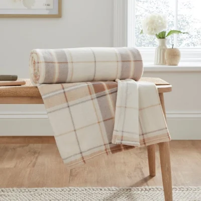 Dunelm Printed Check Fleece Throw Natural