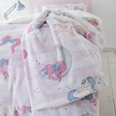 Dunelm Catherine Lansfield Pink Unicorn Dreams Glow In The Dark Throw Pink, Blue and White