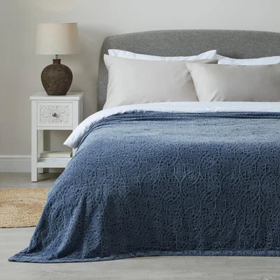 Dunelm Stonewashed Chenille Folkstone Bedspread Dark Blue