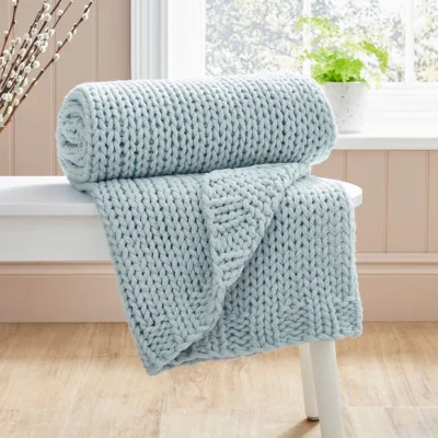 Dunelm Chunky Knit Recycled Throw 130cm x 170cm Duck Egg (Blue)