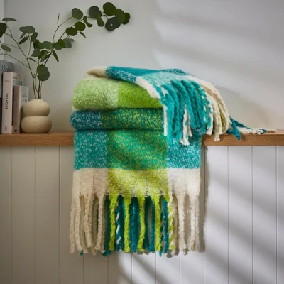 Dunelm Mohair Check Throw 130cm x 180cm Teal (Blue)