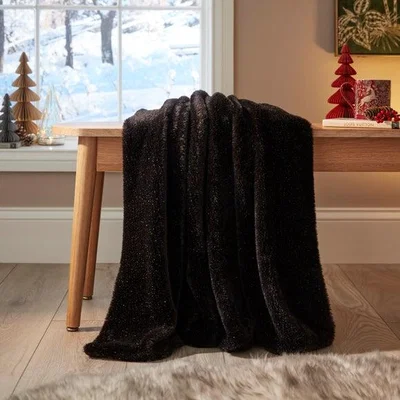 Dunelm Black Faux Fur with Metallic Yarn Throw Blanket