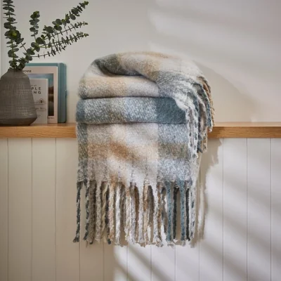 Dunelm Mohair Pacific Check Throw 130cm x 180cm Pacific Blue