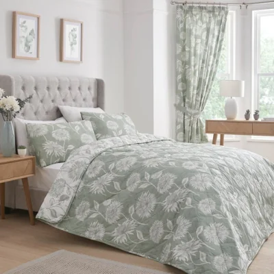 Dunelm Chrysanthemum Quilted Bedspread 200cm x 230cm Green