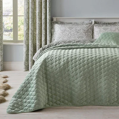Dunelm Evesham Green Quilted Velvet Bedspread Green