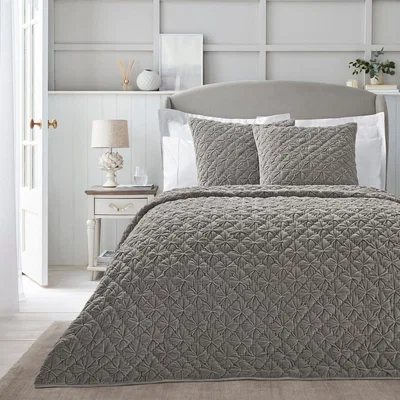 Dunelm Dorma Purity Grey Velvet Diamond Bedspread Grey