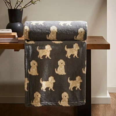 Dunelm Reggie the Cockapoo Printed Fleece 130x160cm Throw Grey Grey