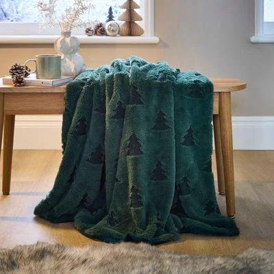 Dunelm Christmas Tree Faux Fur Green Throw Blanket