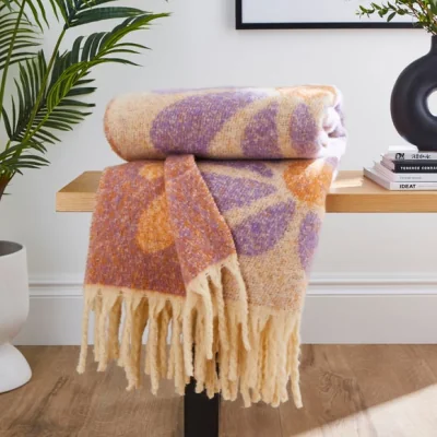 Dunelm Retro Flower Mohair Throw 130cm x 180cm Lilac