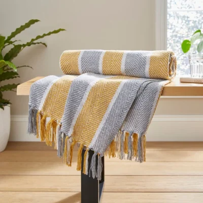 Dunelm Herringbone Stripe Throw, 130x180cm Yellow
